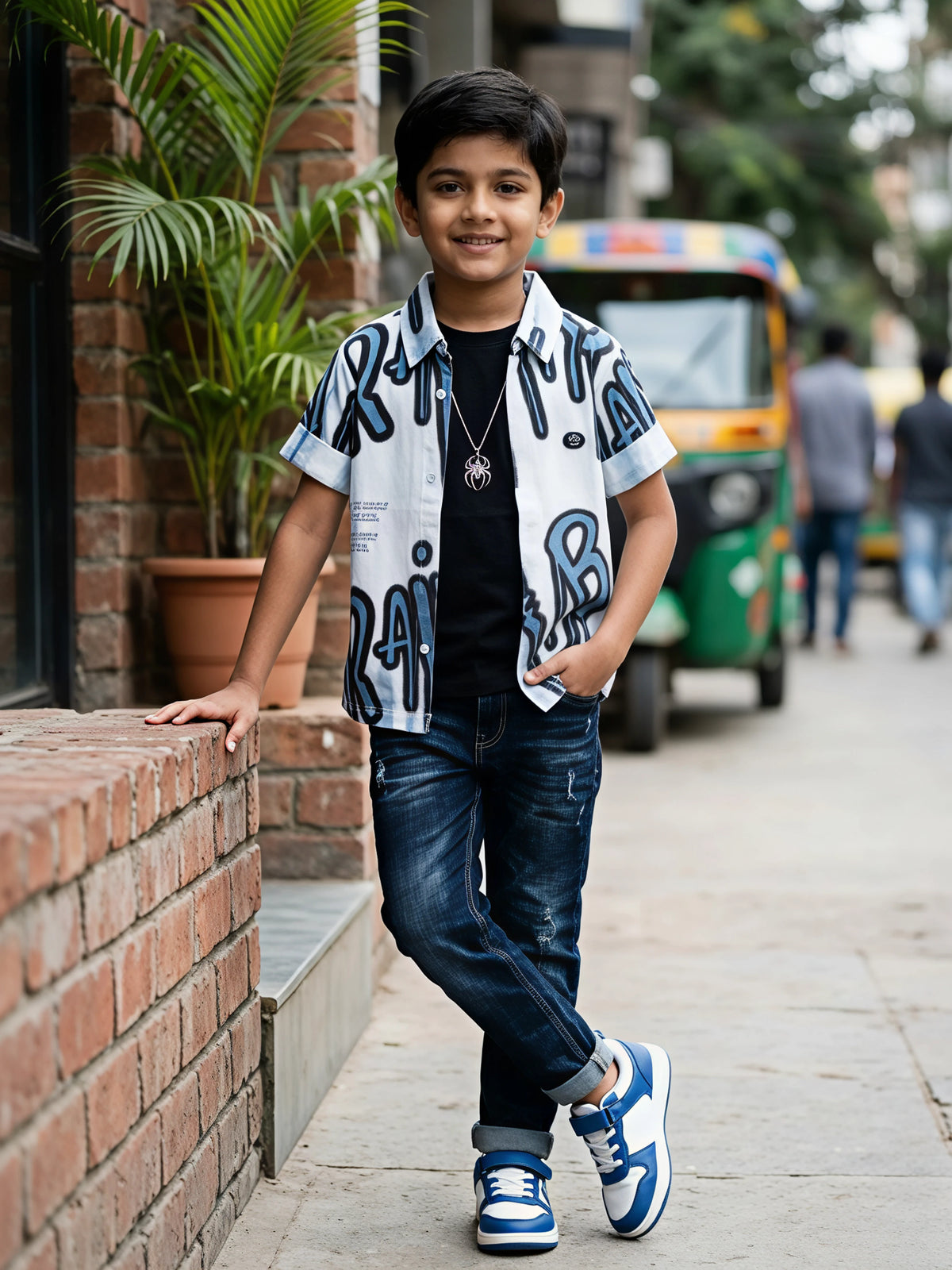 Boys Stylish Blue Graffiti Print Shirt and T-Shirt Set