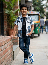Boys Stylish Blue Graffiti Print Shirt and T-Shirt Set