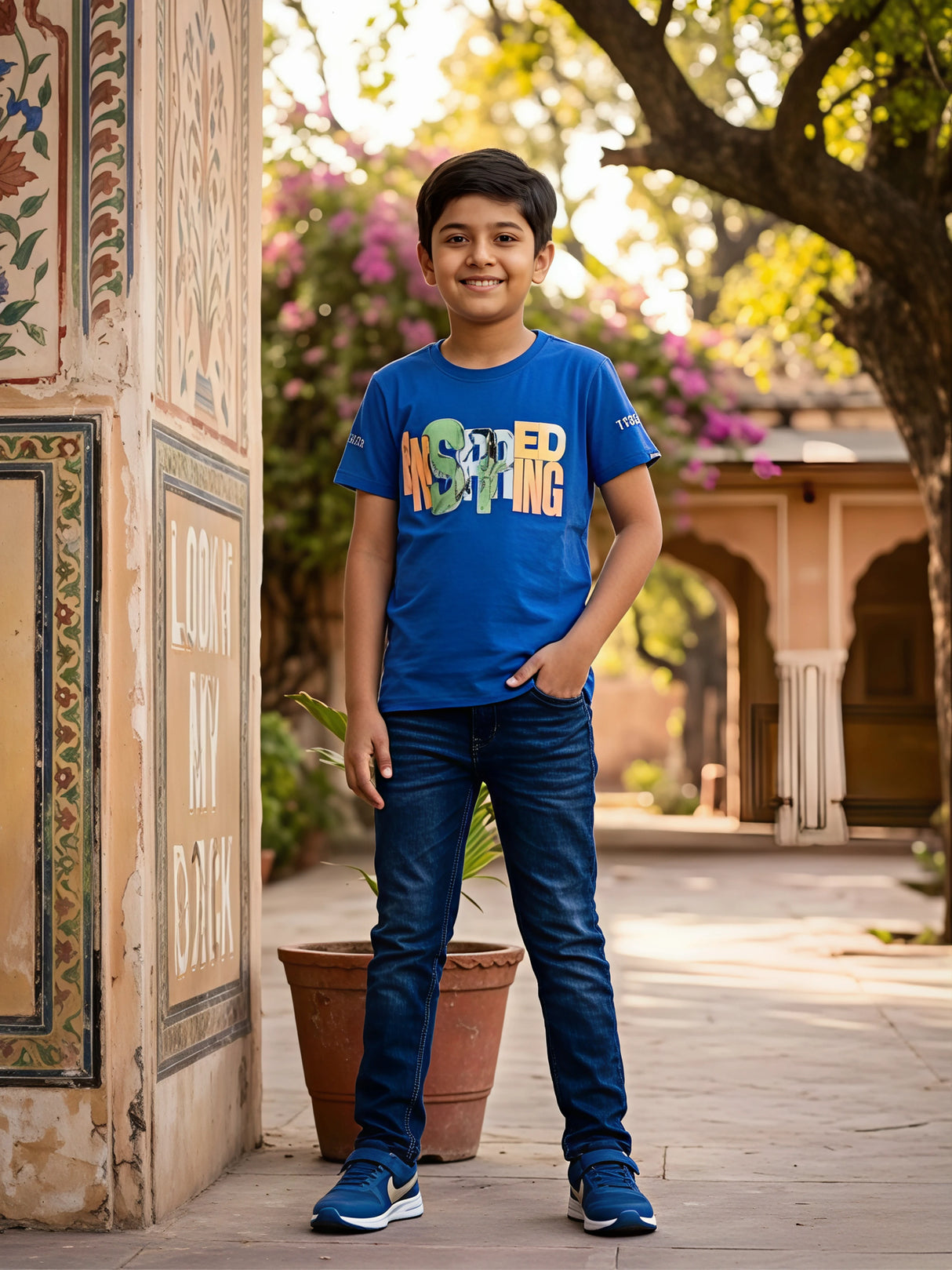 Boys Royal Blue "Inspiring" Graphic Print Cotton T-Shirt
