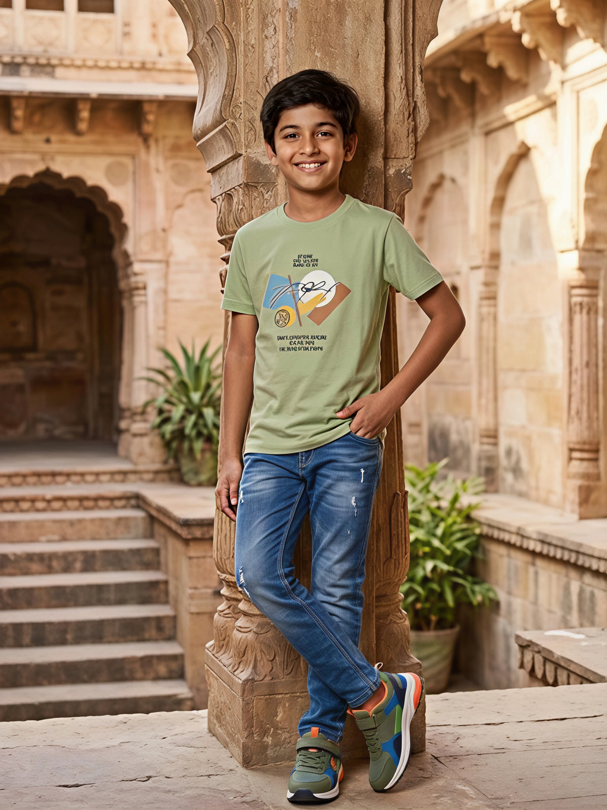 Boys Sage Green Graphic Print Cotton T-Shirt