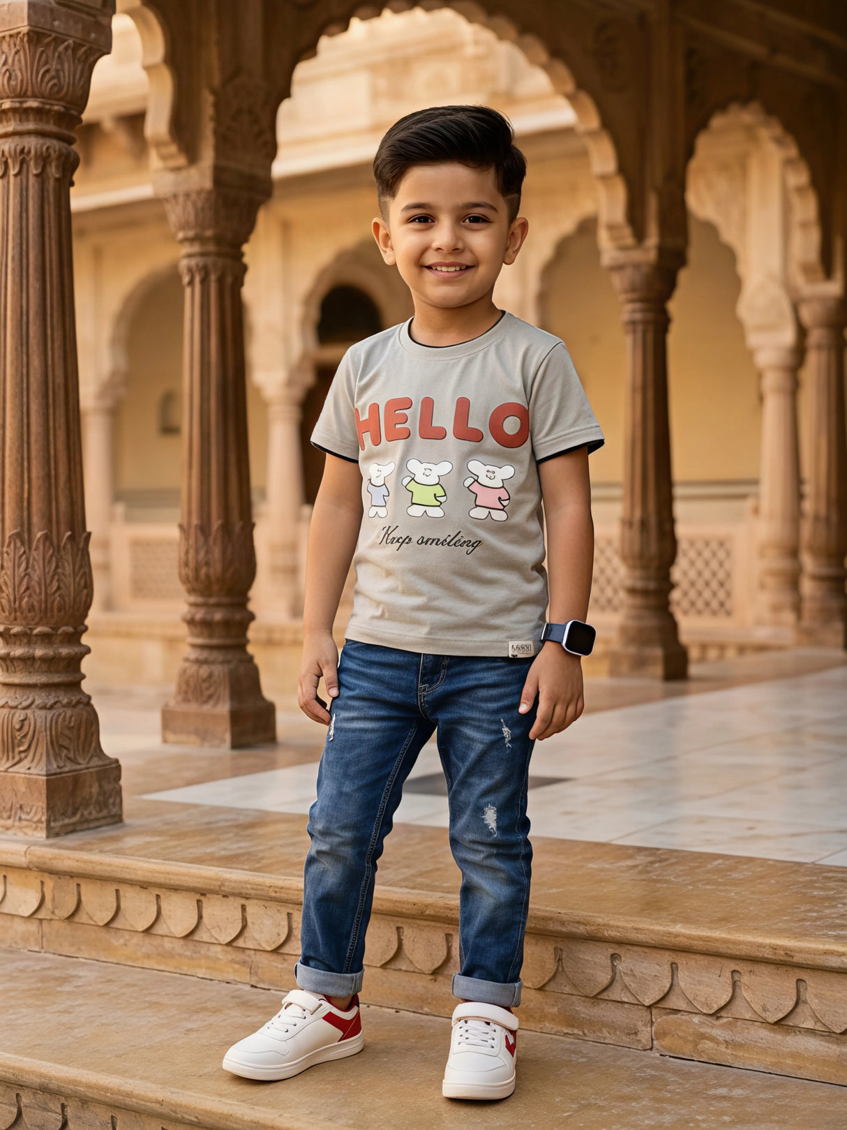 Boys Grey "HELLO" Graphic Print Round Neck T-Shirt
