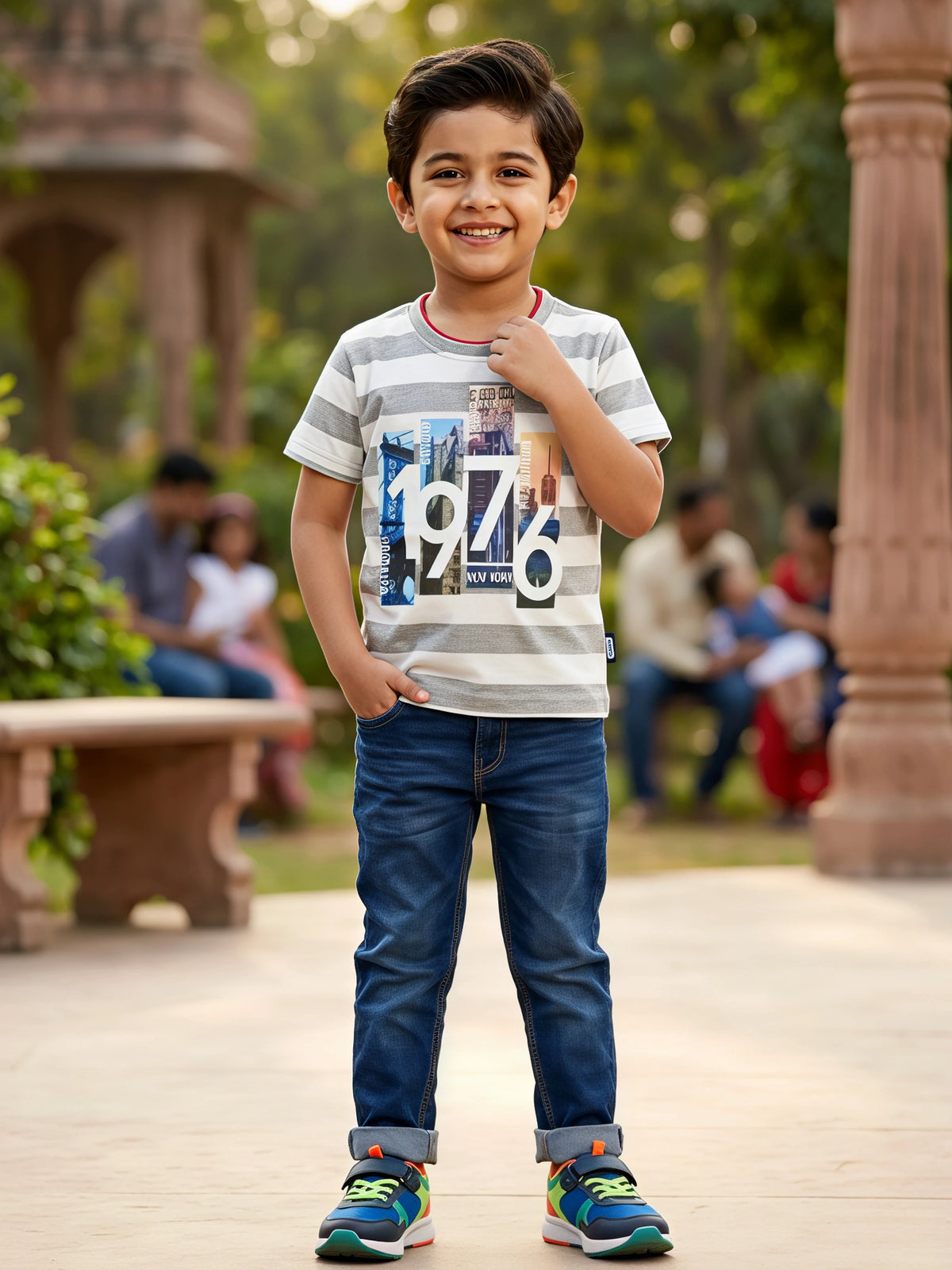 Boys Grey & White Striped Graphic Print Cotton T-Shirt