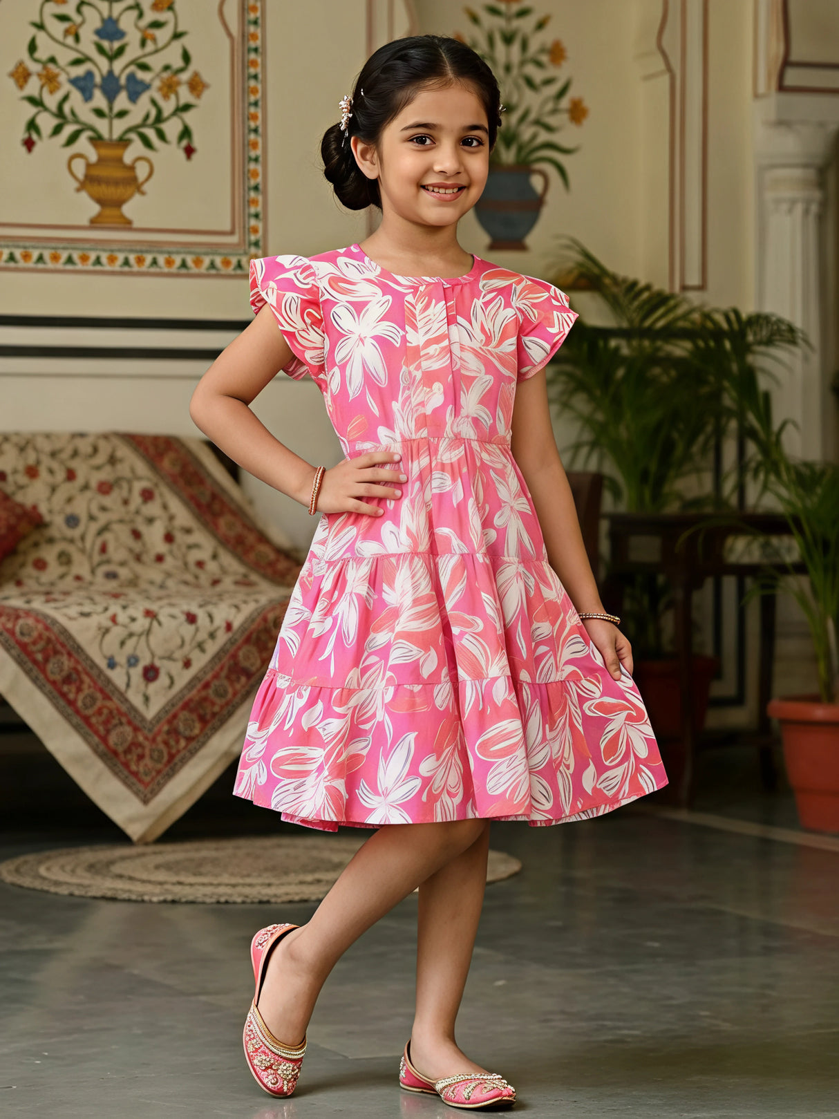 Pink Floral Tiered Cotton Frock