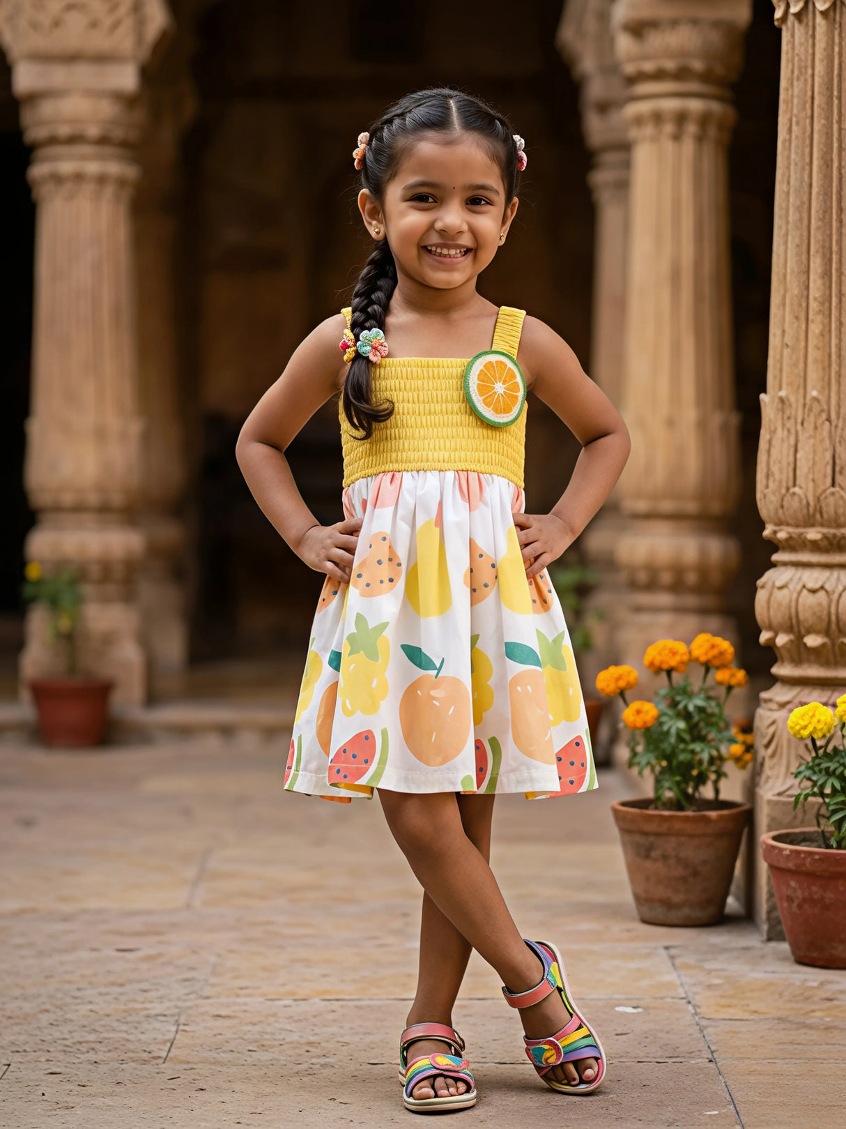 Girls Vibrant Yellow Smocked Cotton Frock with Fruit Print