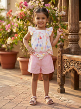 Girls' Pastel Floral Peplum Top and Pink Shorts Coordinate Set