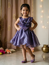 Purple Shimmer Baby Girl Party Dress with 3D Flower & Bow.