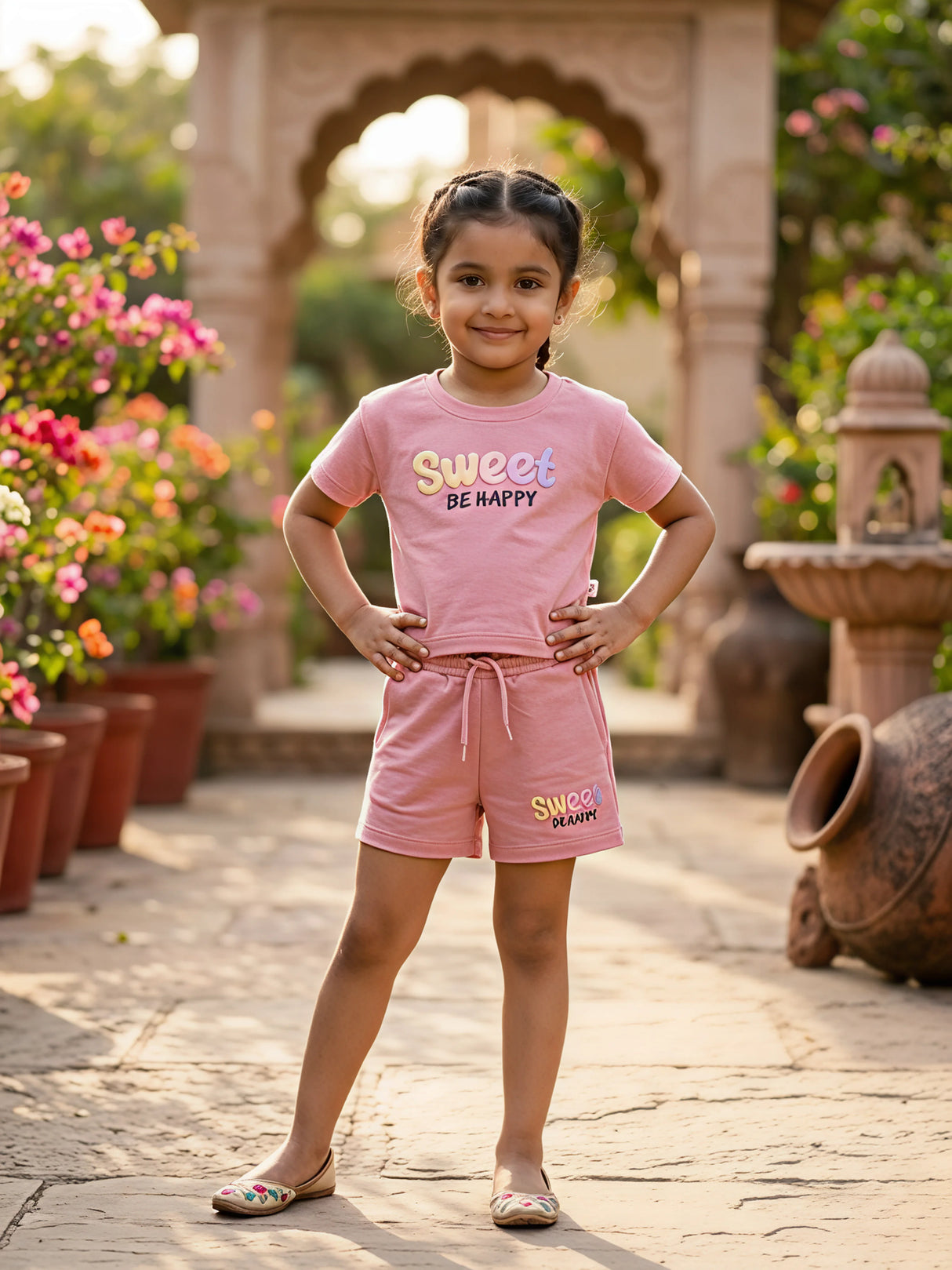 Girls Pink "Sweet Be Happy" Cotton Coordinate Set