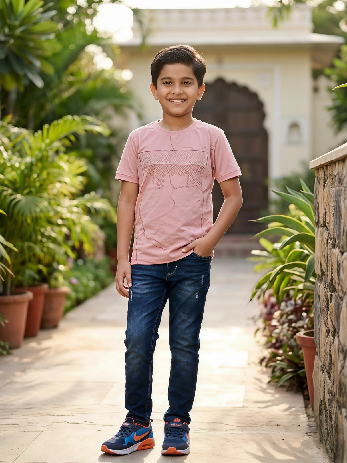 Boy's Trendy Graphic Print Pink Cotton T-Shirt