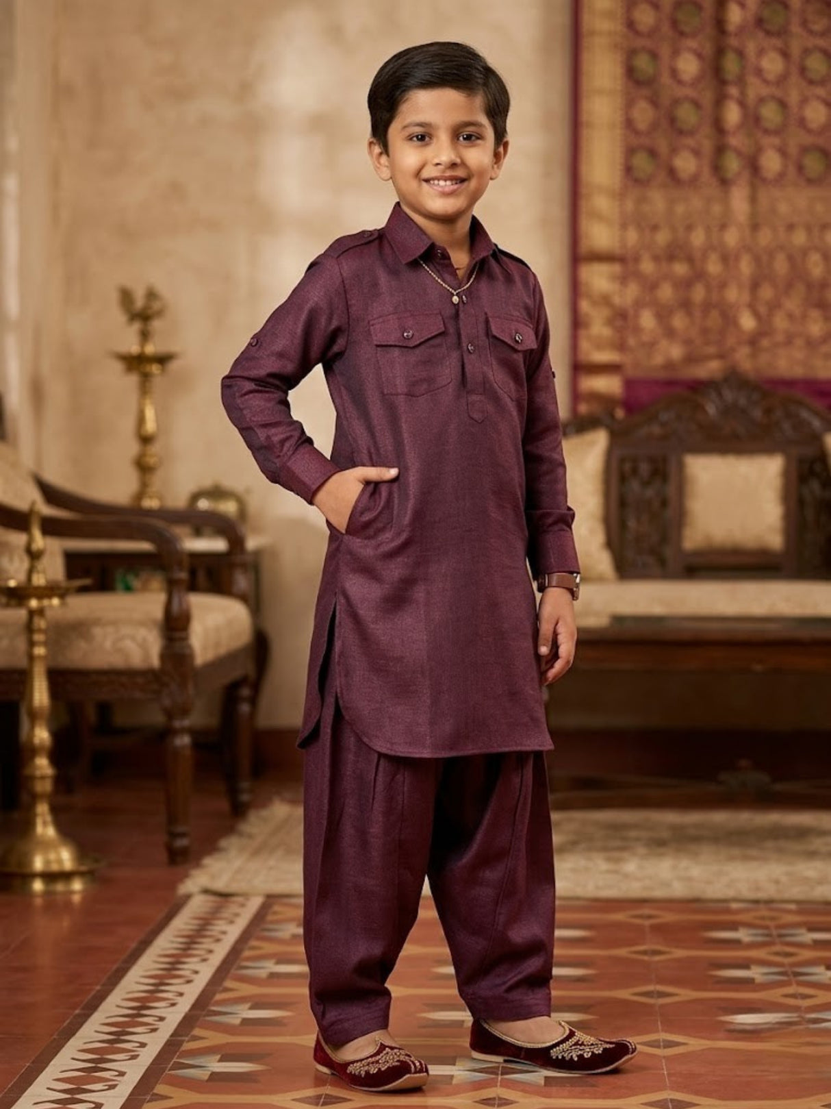 Boys Elegant Purple Textured Pathani Kurta with Pajama Set