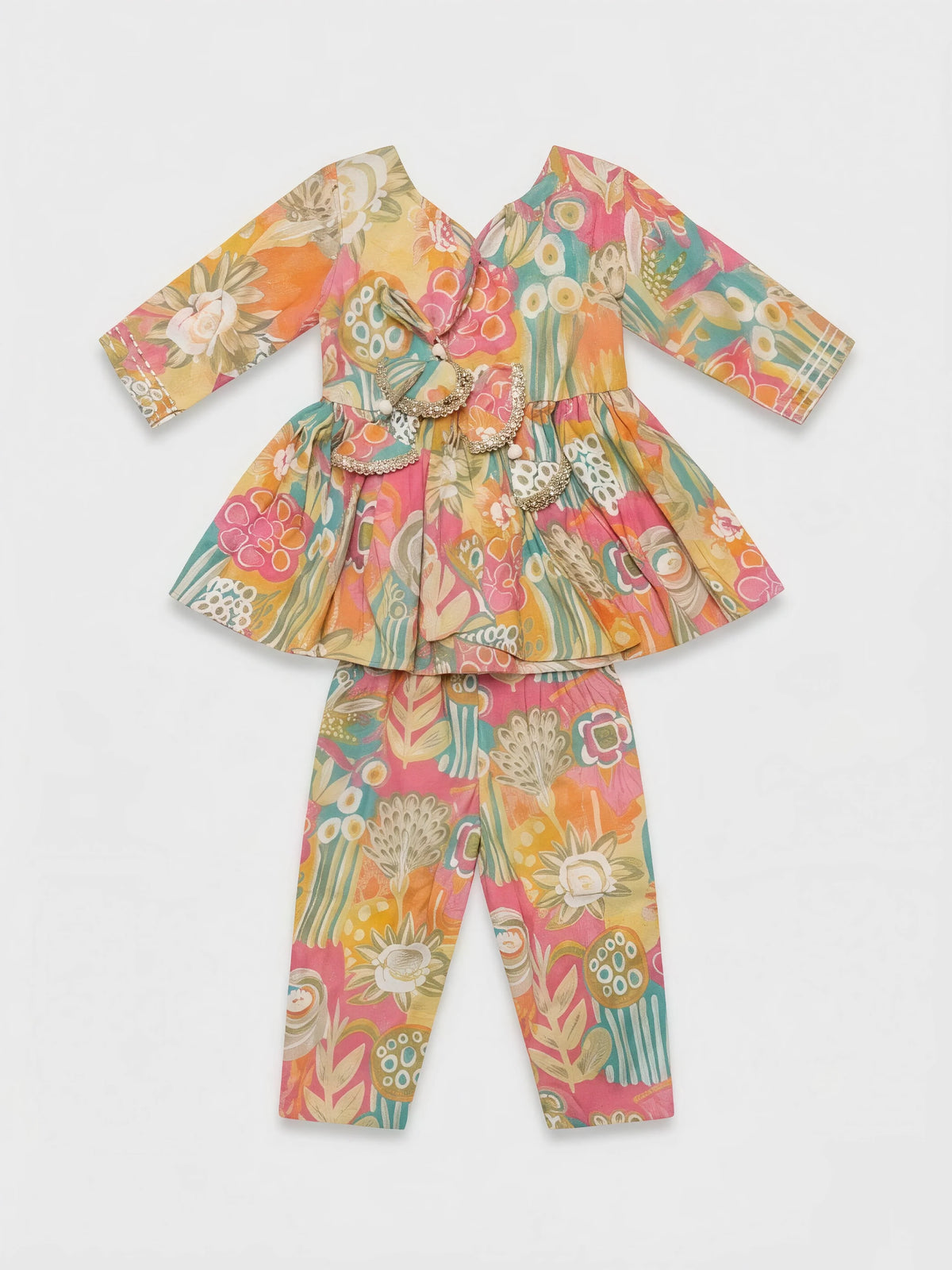 Girls Yellow Printed Ethnic Plazzo Set.