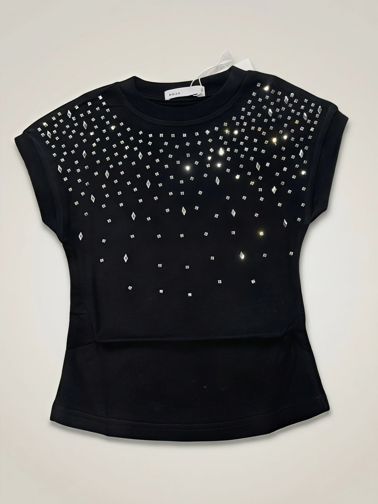 Girls Black Rhinestone Embellished Cap Sleeve Top
