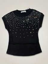 Girls Black Rhinestone Embellished Cap Sleeve Top