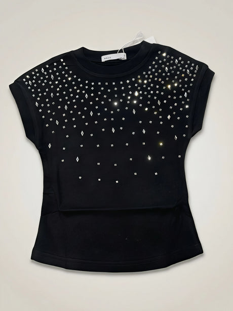Girls Black Rhinestone Embellished Cap Sleeve Top
