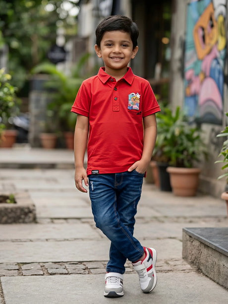 Boys Vibrant Red Polo T-Shirt with Graphic Pocket Detail