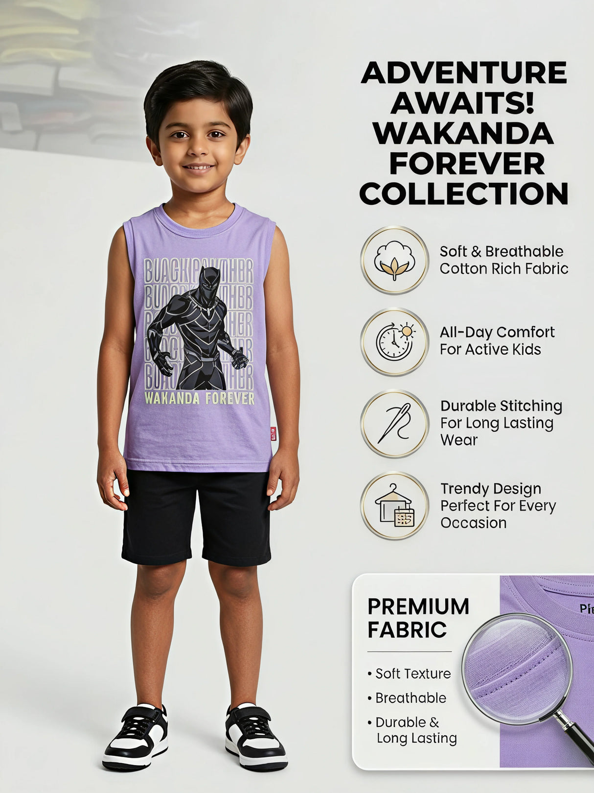 Boys' Purple Black Panther Muscle Tee - Wakanda Forever Print