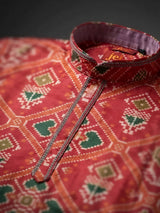 Boys Red Printed Silk Kurta Pyjama Set