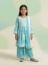 Young girl wearing a sky blue Chikankari embroidered short kurta palazzo set with white dupatta