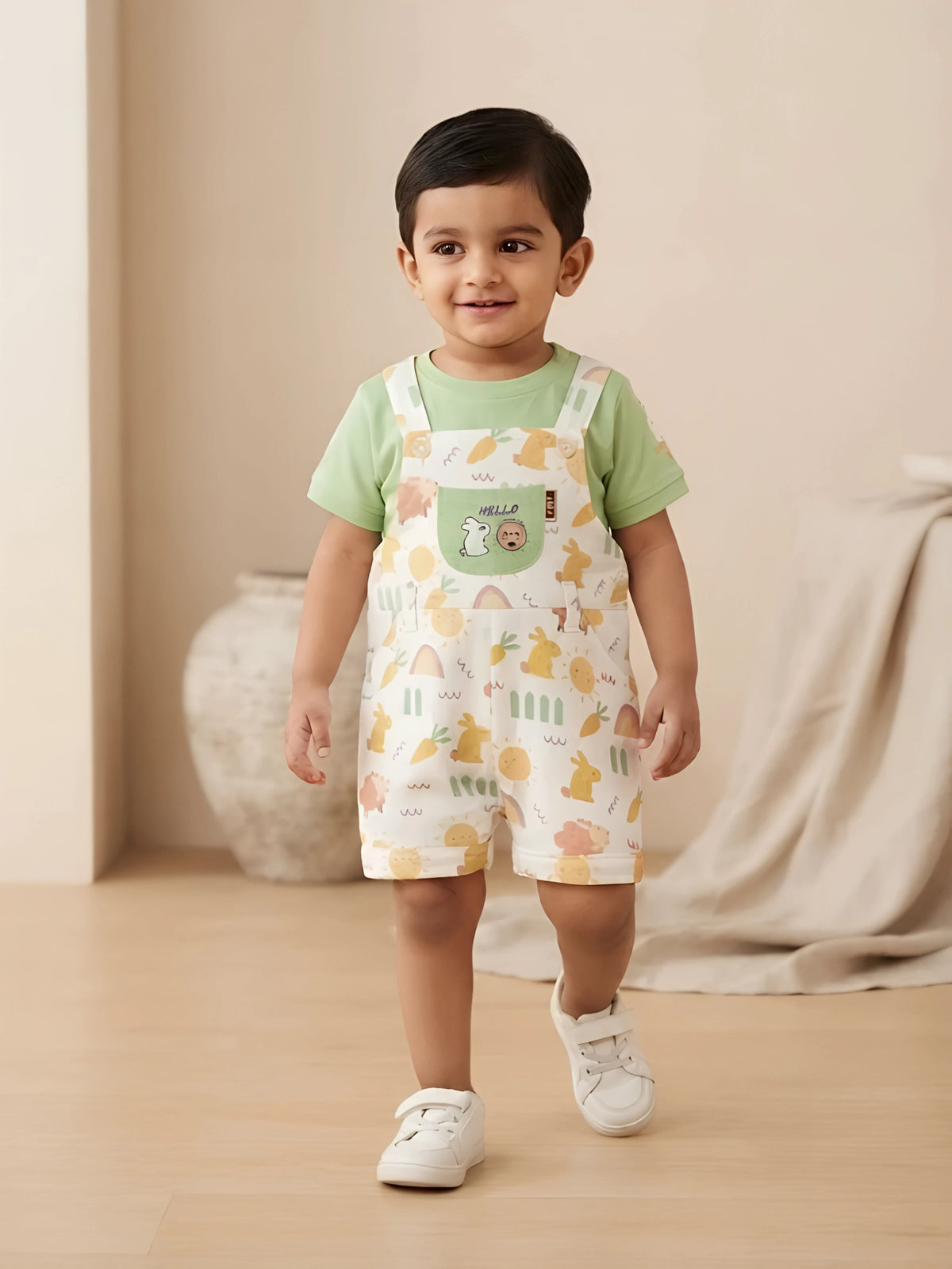 Infant boy wearing a green t-shirt and light-colored printed dungaree shorts with shoulder straps and a front chest pocket.
