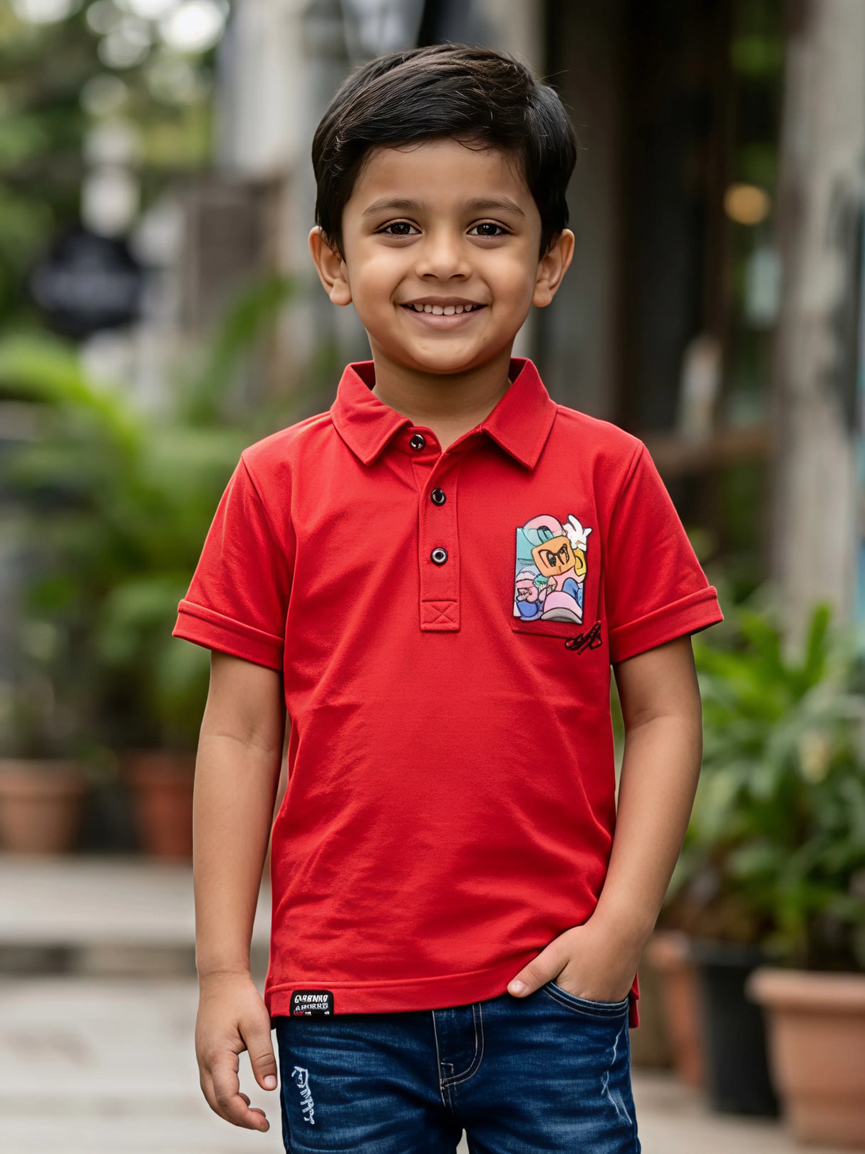 Boys Vibrant Red Polo T-Shirt with Graphic Pocket Detail