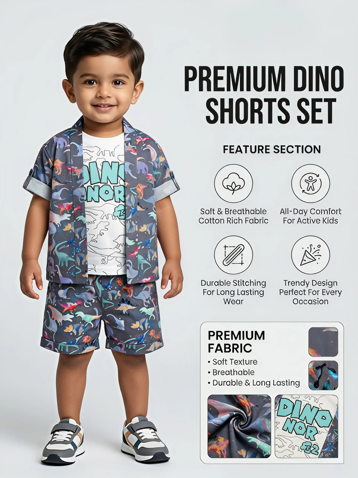 Boys Grey Dinosaur Print Cotton Co-ord Set