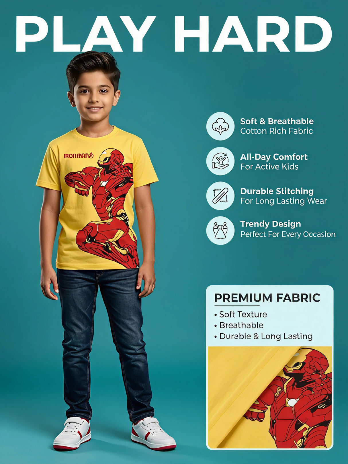 Boys Yellow Iron Man Graphic Cotton T-Shirt