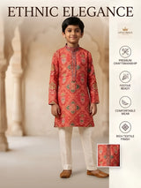 Boys Red Printed Silk Kurta Pyjama Set