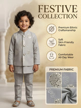 Cream Mirror Work Kurta Pajama with Jacket for Boys