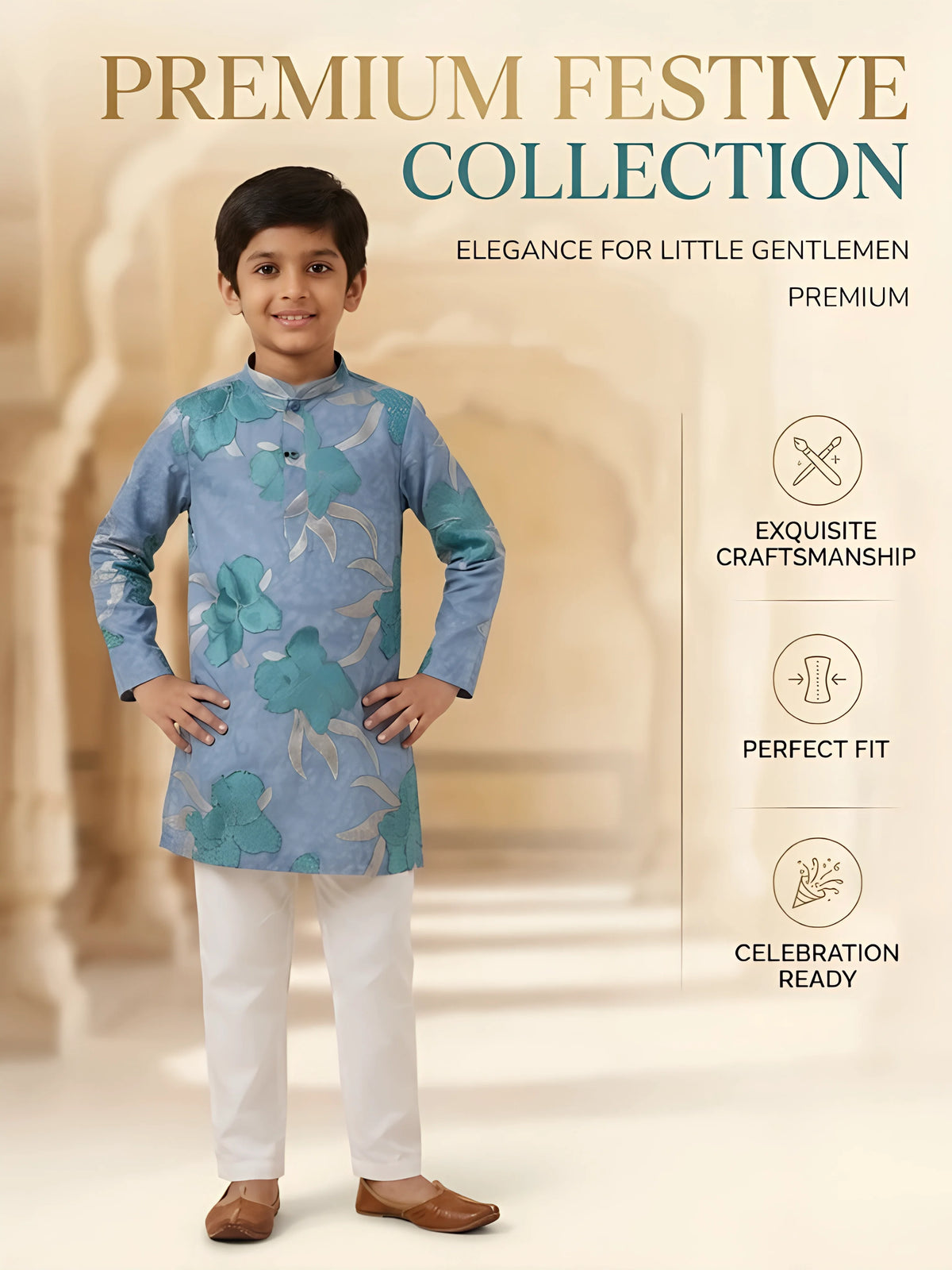 Blue Floral Embroidered Kurta Pajama Set for Boys