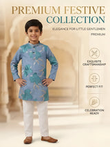 Blue Floral Embroidered Kurta Pajama Set for Boys