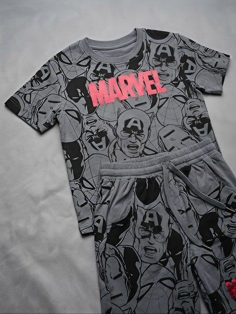 Boys Grey Marvel Print Co-ord Set - Casual T-Shirt & Shorts