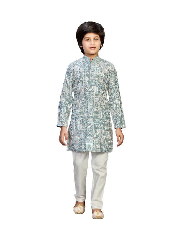 Young boy modeling a full-sleeve Kurta with a rich maroon sleeveless vest featuring gold embroidery and a Mandarin collar.