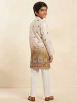 Cream Mughal Garden Print Kurta Pajama Set for Boys