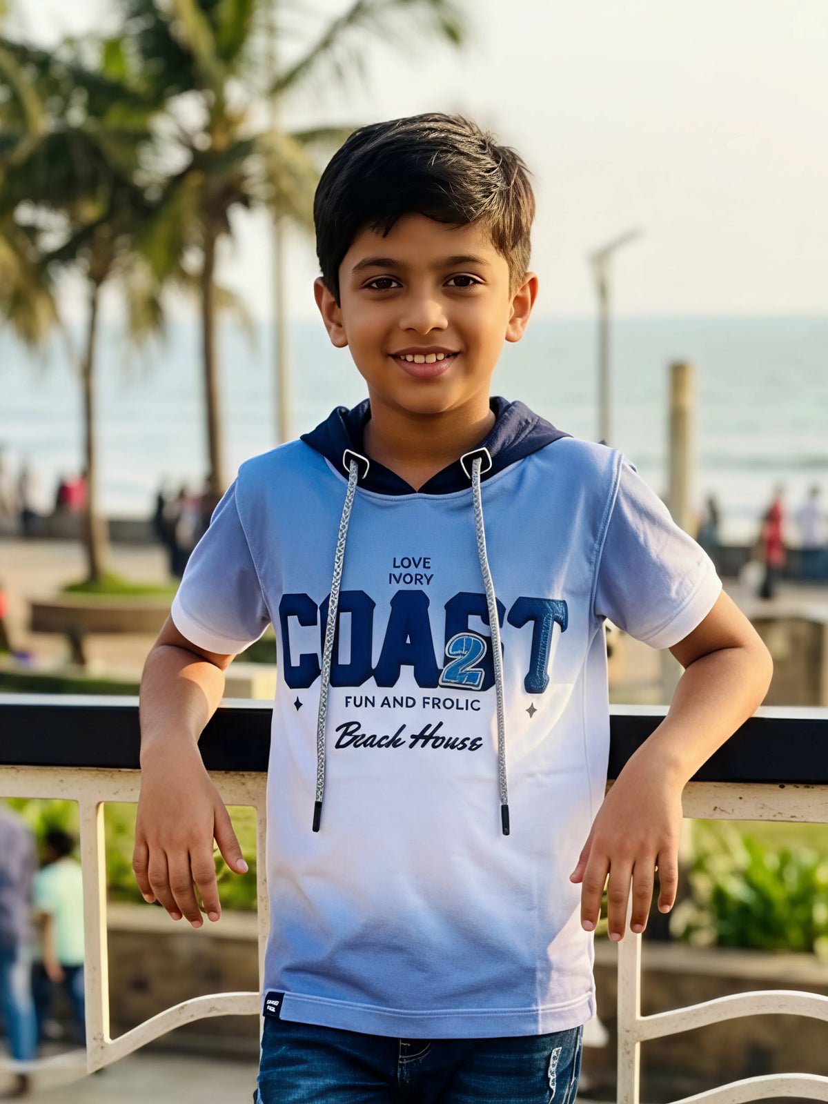 Boys Navy Blue Hooded Coast Graphic T-Shirt