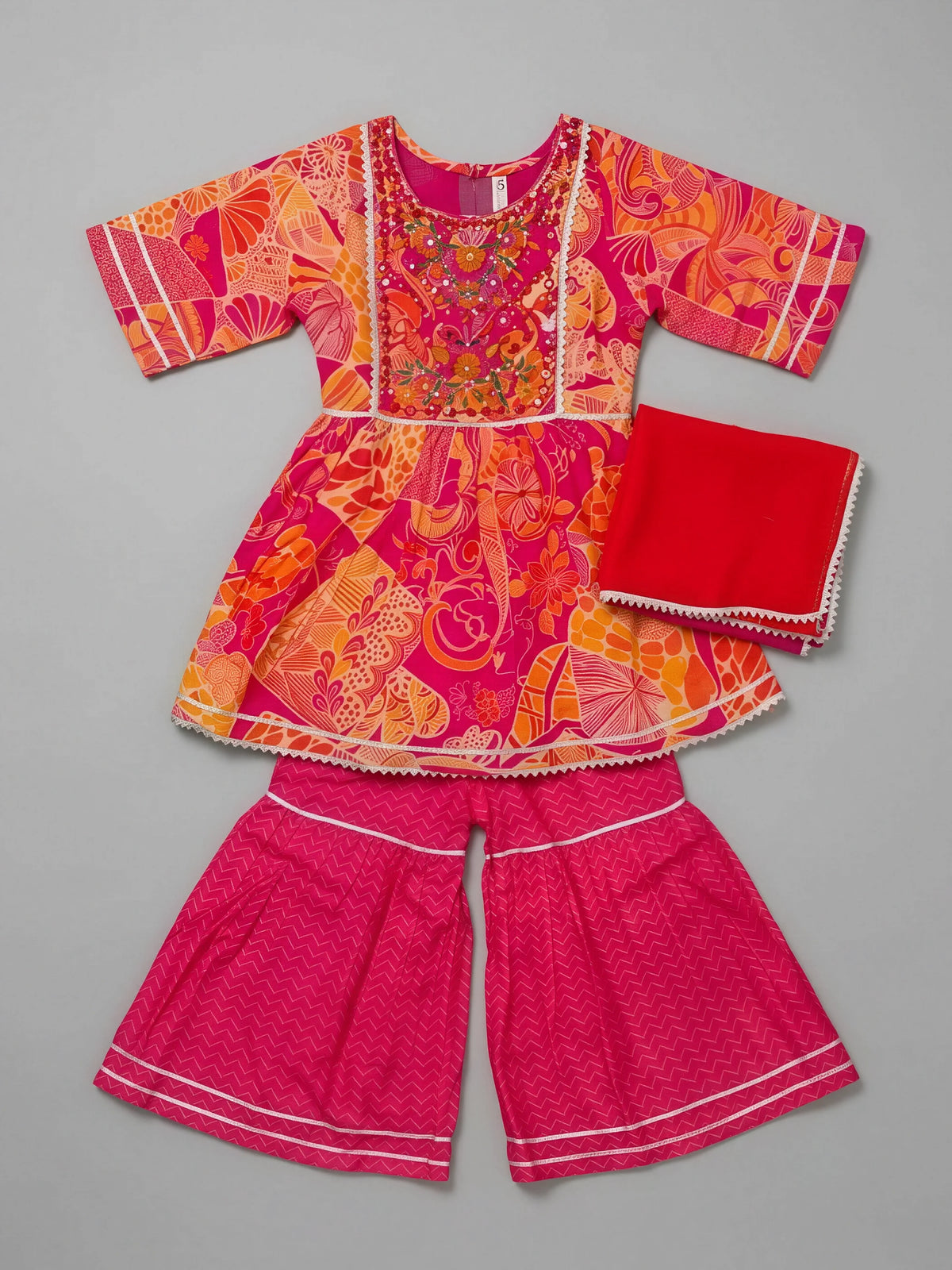 Girls Pink Printed Ethnic Sharara Set.