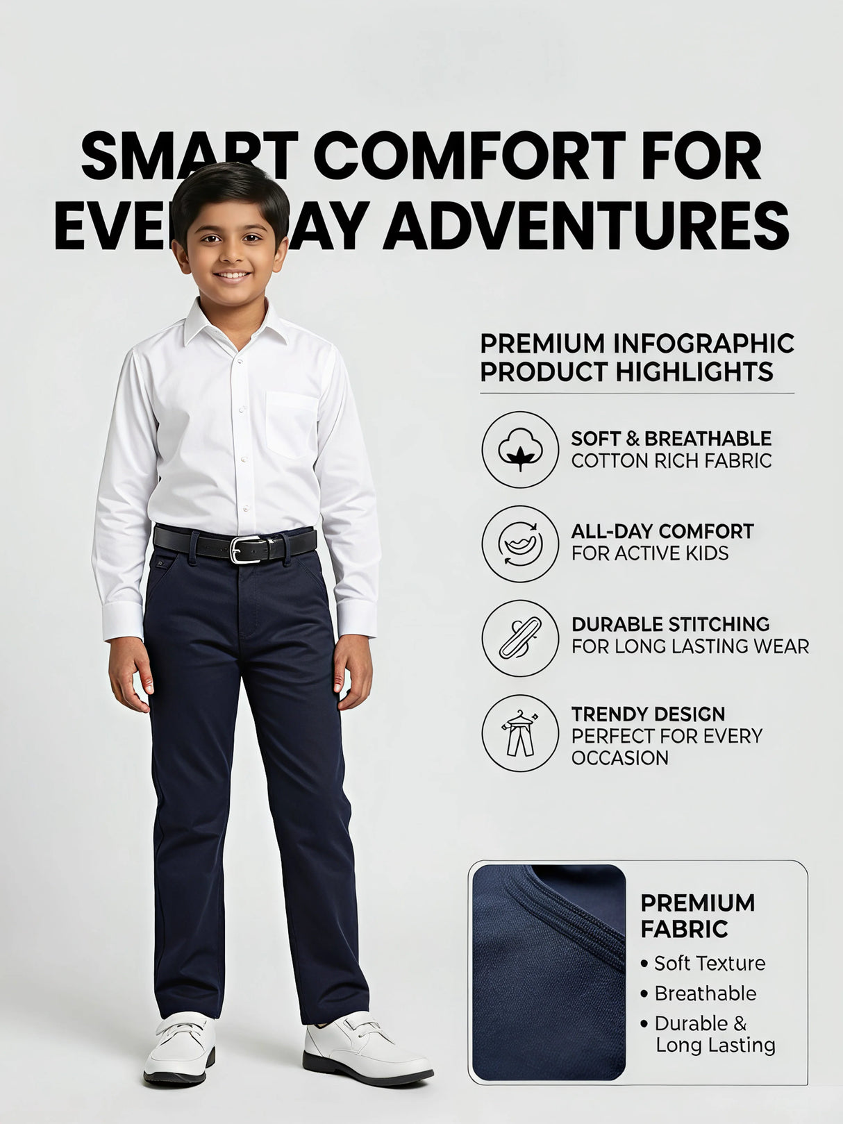 Boys Navy Blue Slim Fit Trousers