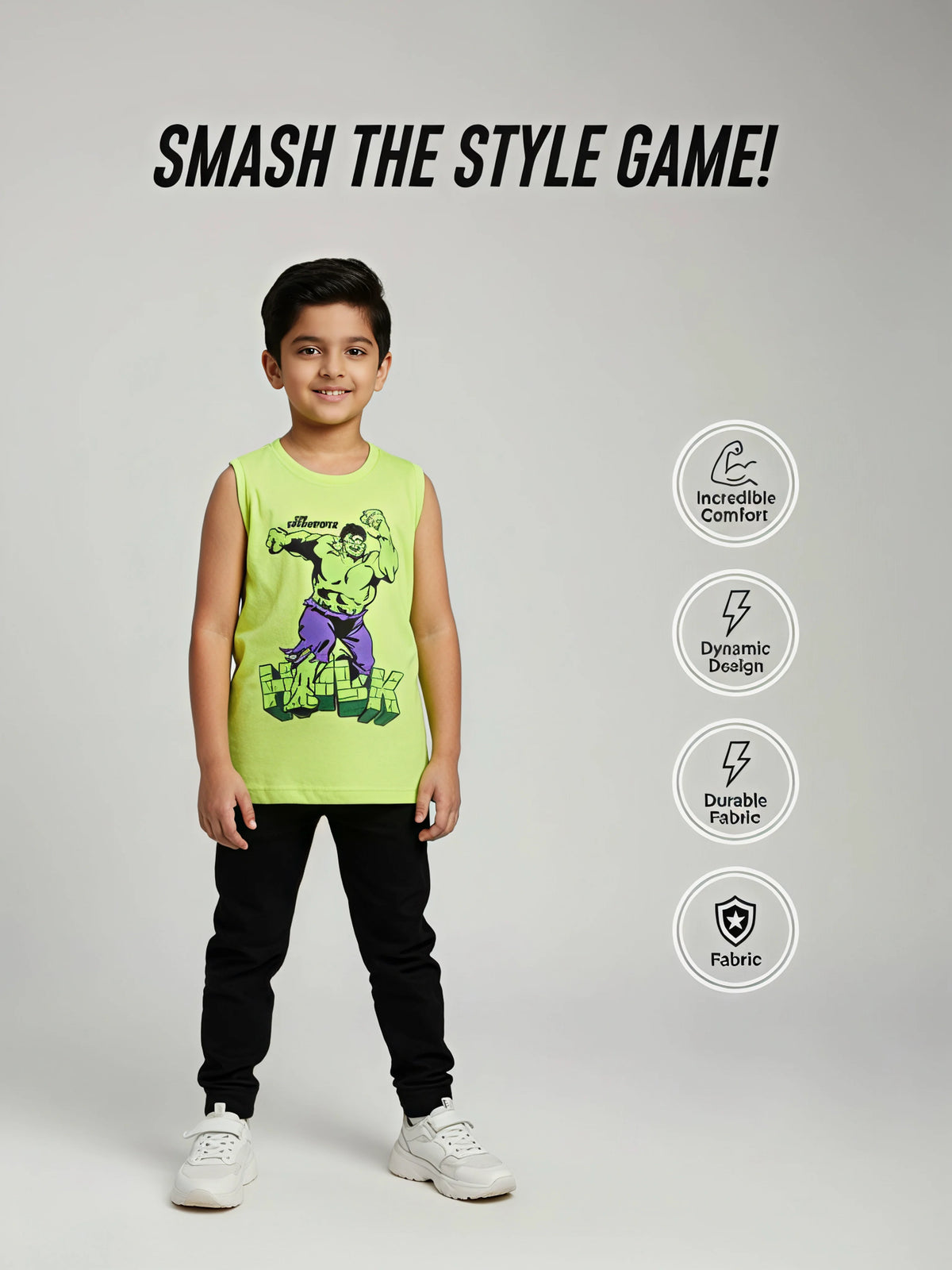 Boys Lime Green Hulk Graphic Print Sleeveless T-Shirt