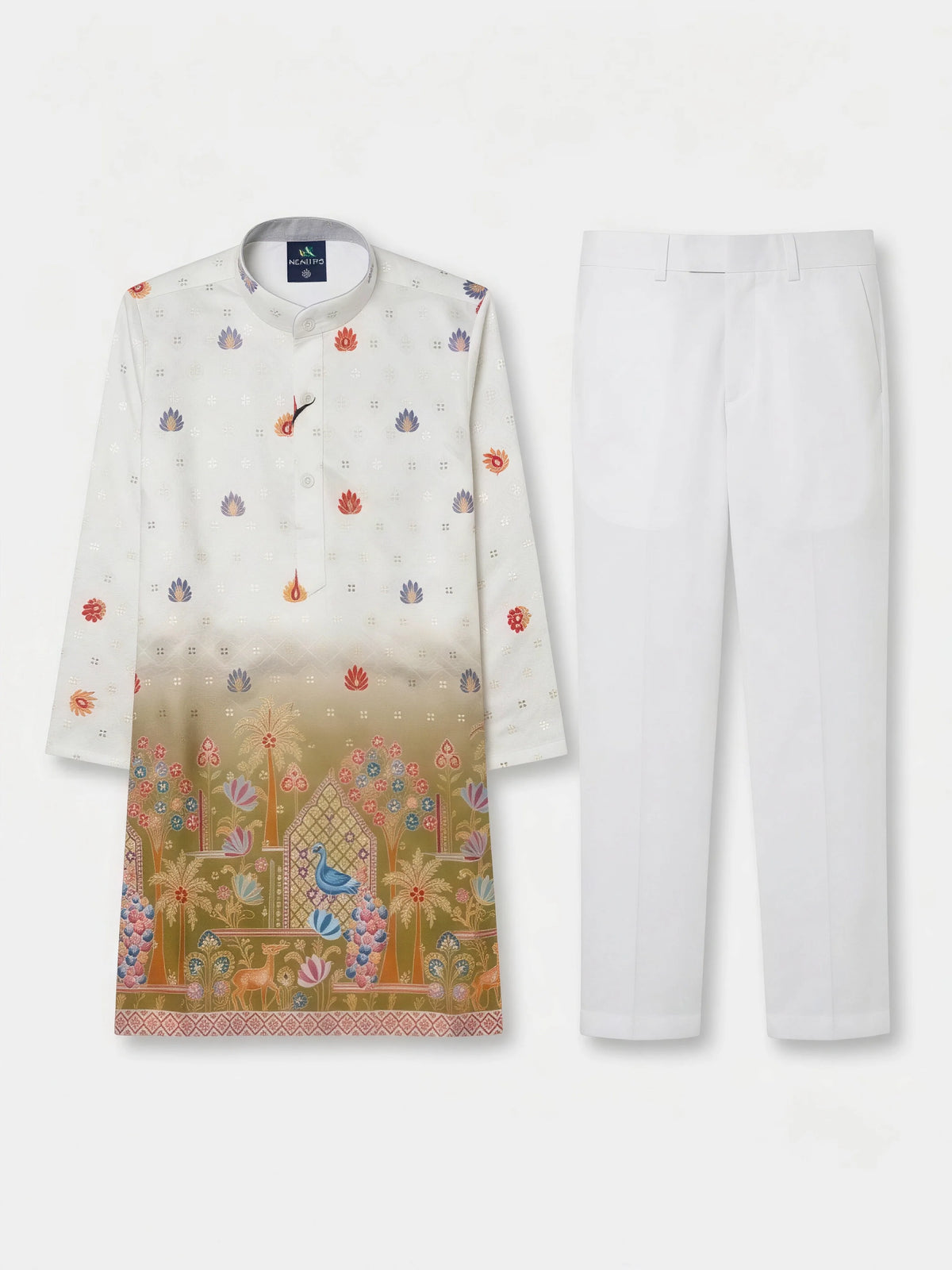 Cream Mughal Garden Print Kurta Pajama Set for Boys