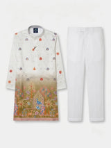 Cream Mughal Garden Print Kurta Pajama Set for Boys