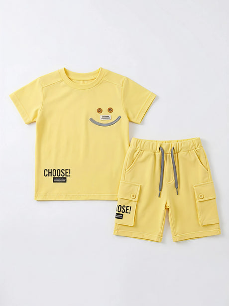 Boys Yellow Smile Graphic T-Shirt & Cargo Shorts Coordinate Set