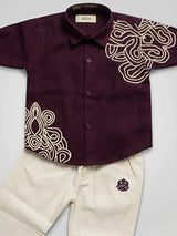 Boys Maroon Embroidered Shirt and Trousers