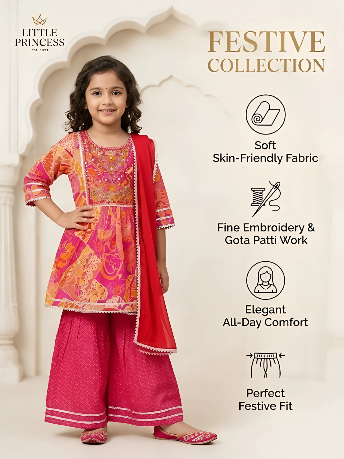 Girls Pink Printed Ethnic Sharara Set.