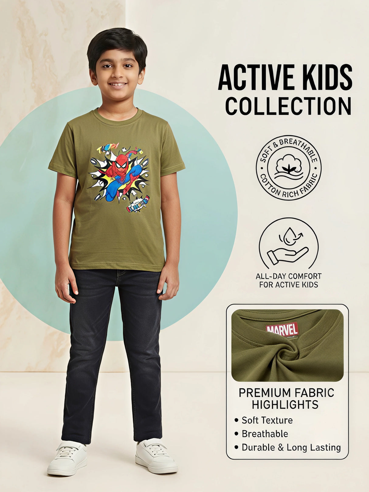 Boys Olive Green Spider-Man Graphic Printed T-Shirt