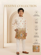 Cream Mughal Garden Print Kurta Pajama Set for Boys
