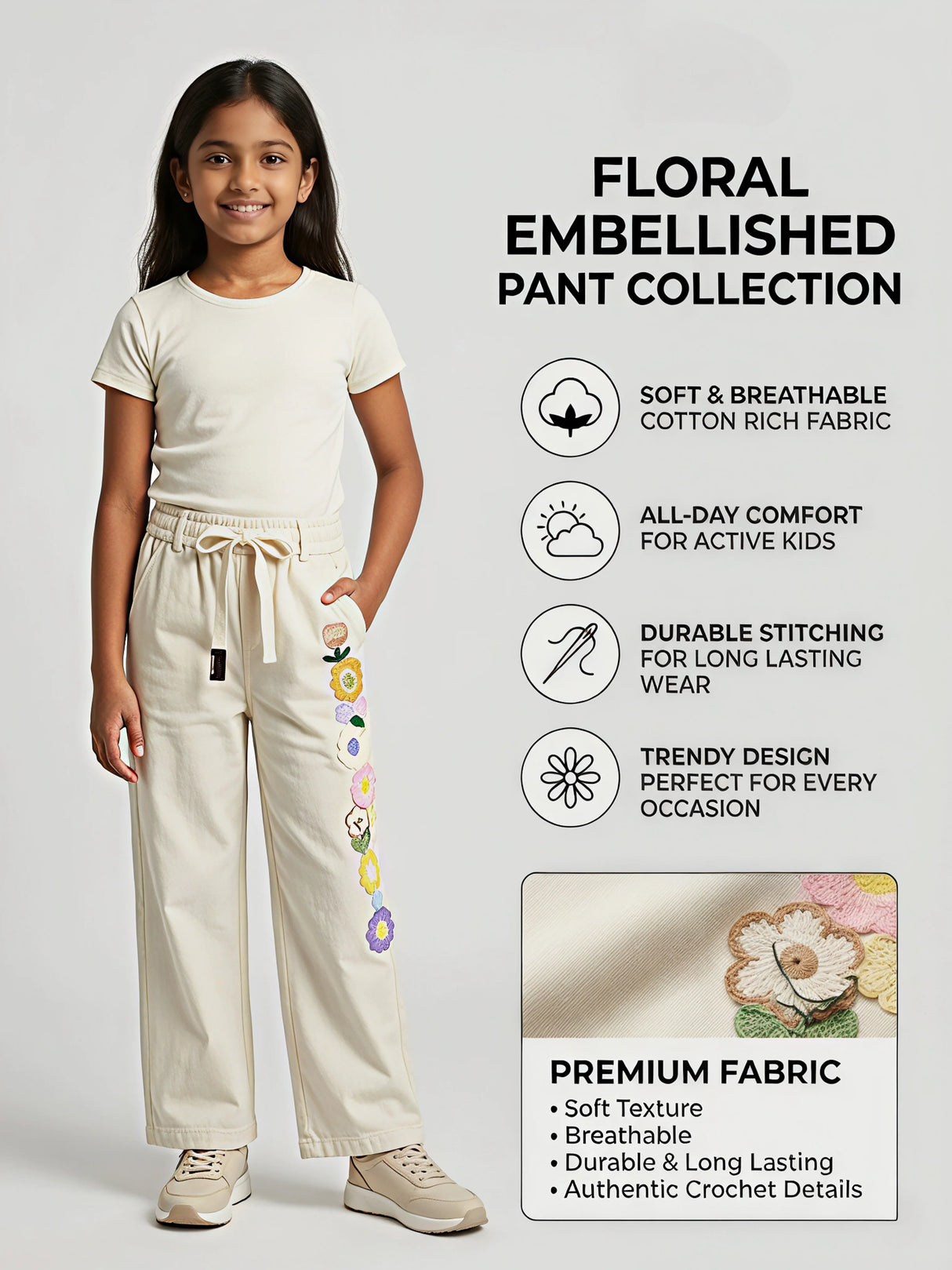 Girls Cream Crochet Floral Wide Leg Pants Set