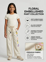 Girls Cream Crochet Floral Wide Leg Pants Set