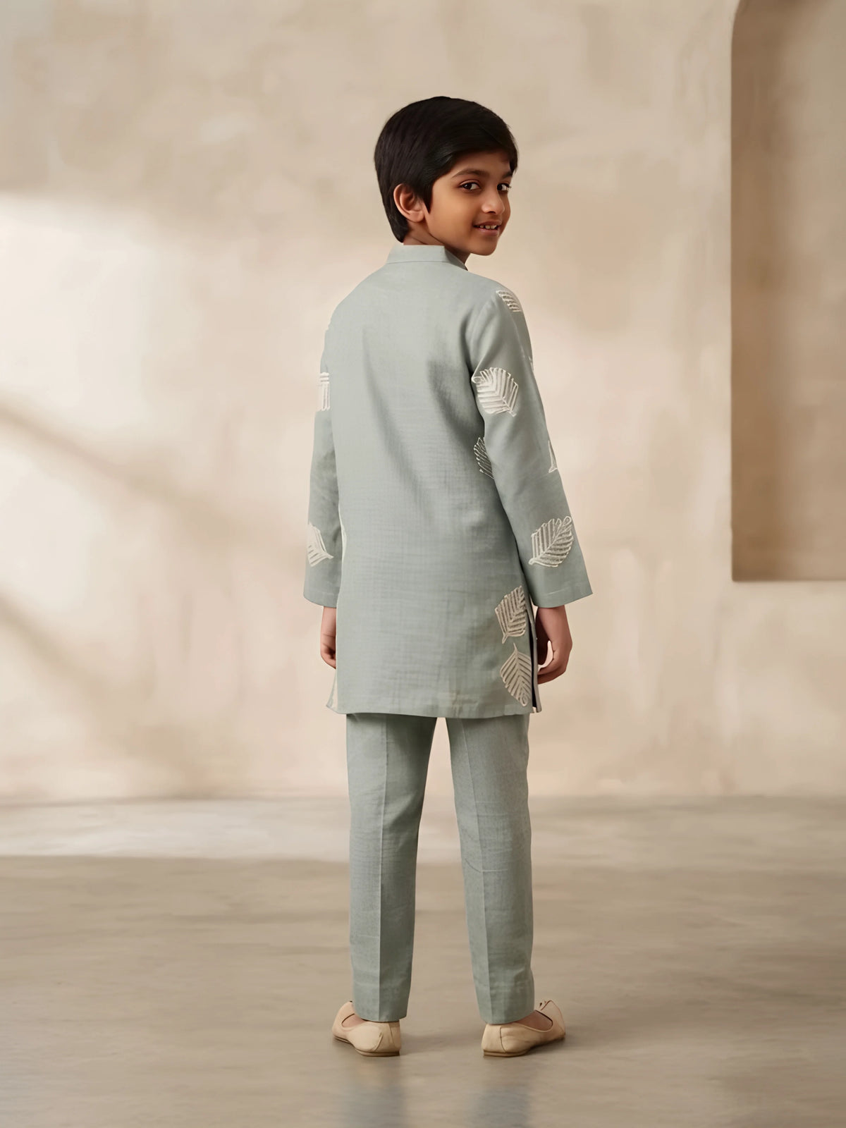 Boys Sage Green Leaf Printed Kurta Set