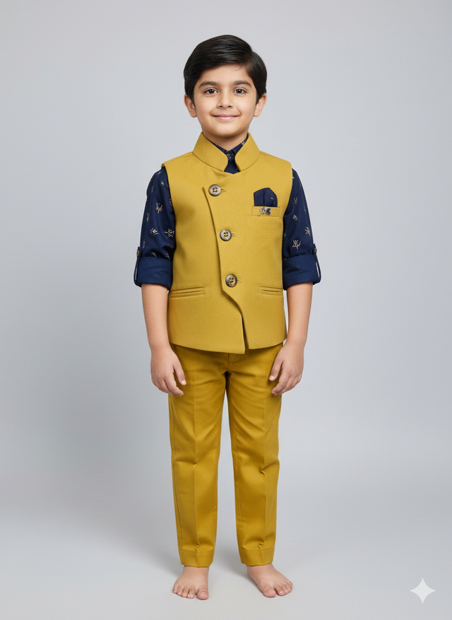 Young boy wearing a yellow kurta pajama set layered with a long-sleeved Nehru jacket featuring a detailed, multi-color floral print, posing against a light background.