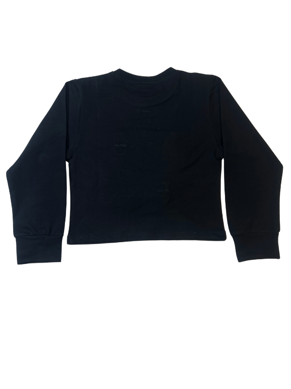 Girls' black long-sleeve top with four colorful patchwork squares and flower appliqués in neon pink, yellow, green, and blue on the chest.

Export to Sheets