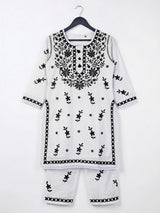 Girls Elegant Off-White & Black Chikankari Kurta Set