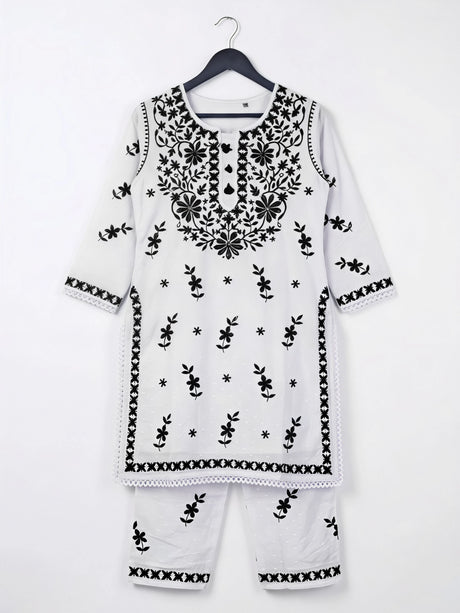 Girls Elegant Off-White & Black Chikankari Kurta Set
